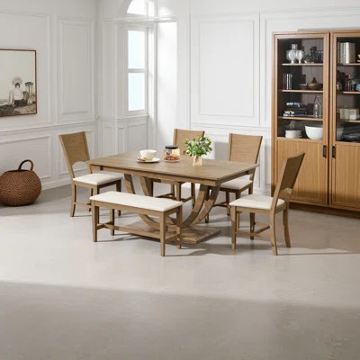 6-Piece Wood Half Round Dining Table Set Kitchen Table Set With Long Bench And 4 Piece Dining Chairs | Wayfair North America