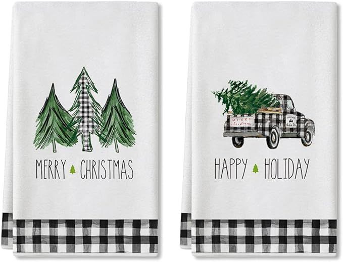 Artoid Mode Happy Holiday Buffalo Plaid Truck Trees Kitchen Towels and Dish Towels Merry Christma... | Amazon (US)