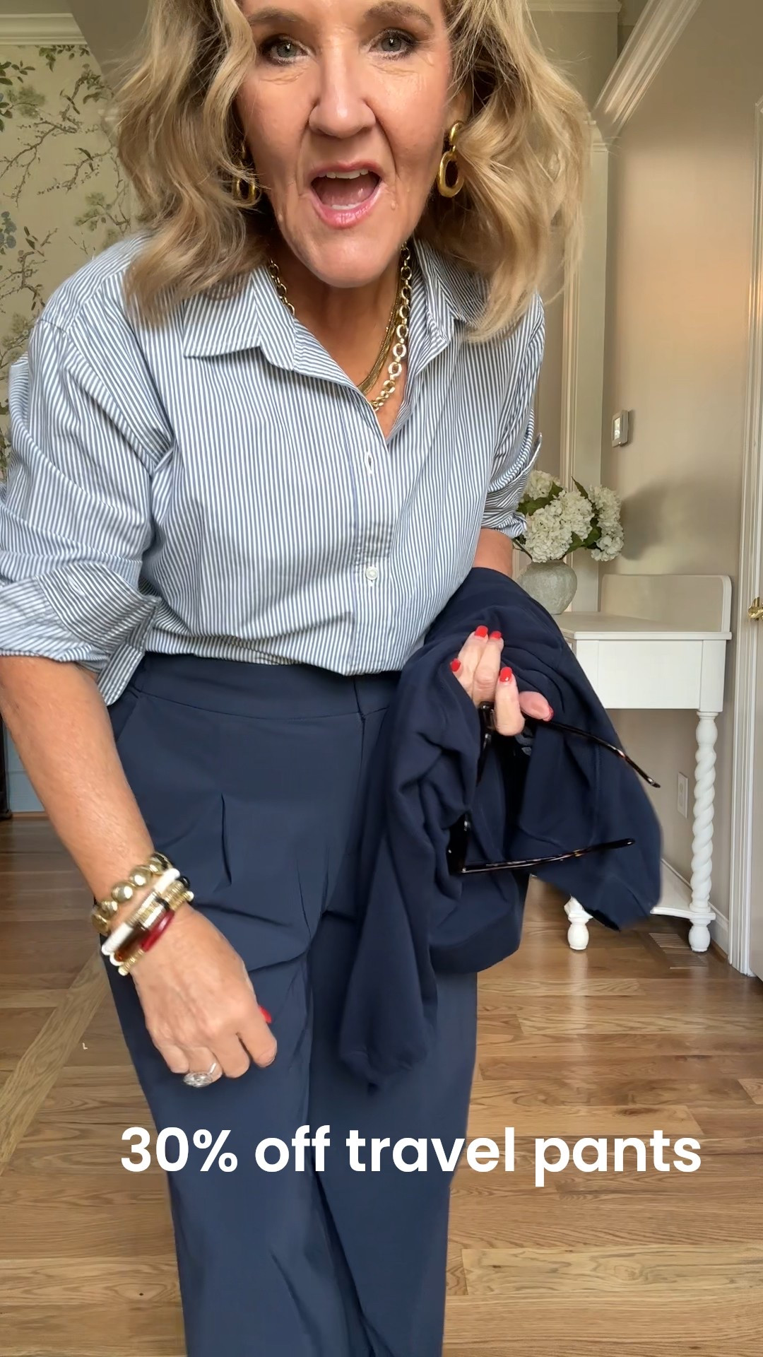 Athleta is 30% off. They are my go to for pants for a travel capsule. True to size. I wear an 8 petite. 
Depending on the look and feel you want here’s my recommendations. 
Trouser is a bit more elevated and classic 
Endless pant is simple flattering and comfortable 
Venice jogger is more sporty but looks great 
Skyline barrel is modern but comfy and chic. 
Other @athleta faves linked too. 
Striped button down by since size medium 

#LTKTravel #LTKSaleAlert #LTKOver40