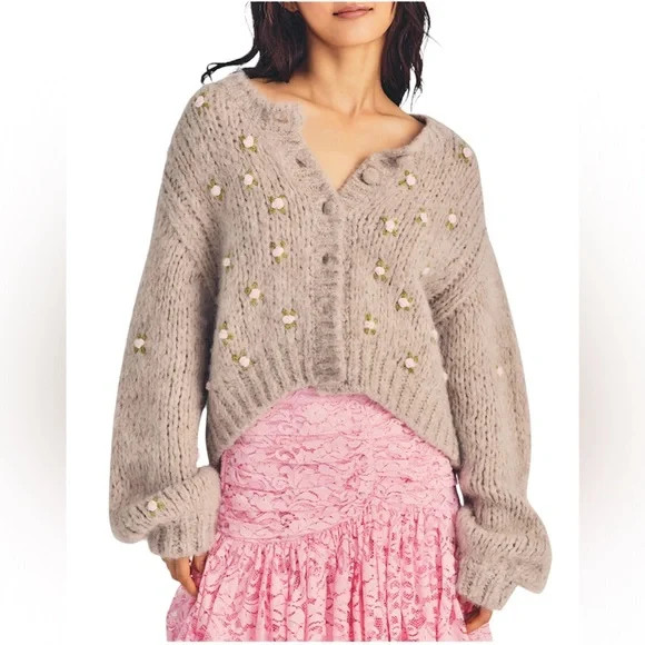 NWT LoveShackFancy "Emilie" chunky-knit cardigan sweater size L | Poshmark