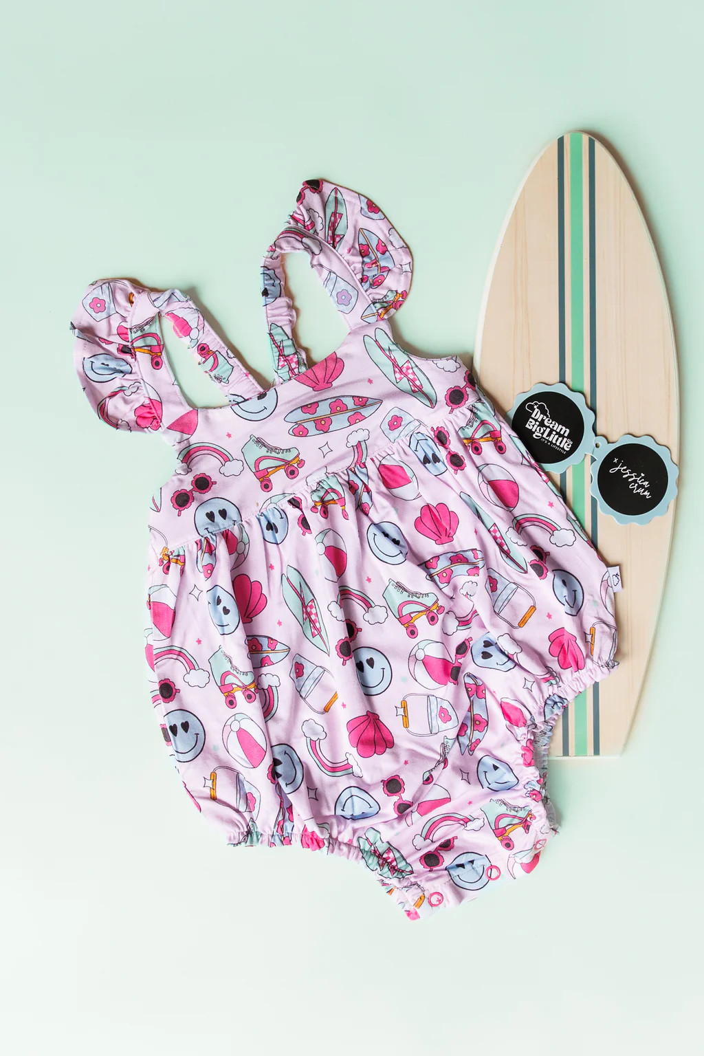 EXCLUSIVE BEACHING IT WITH BRYNNLEIGH CAP SLEEVE DREAM BUBBLE ROMPER | Dream Big Little Co.