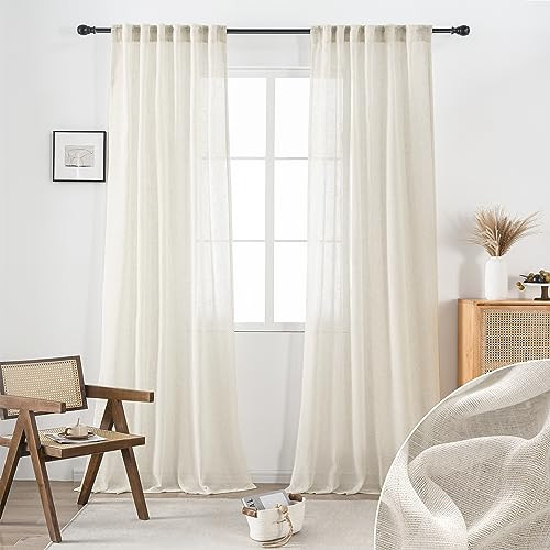 Natural Beige Linen Sheer Curtains 84 Inch Length for Living Room 2 Panels Cream Back Tab Pocket Drapes Neutral Country Rustic Farmhouse Light Filtering Semi Sheer Curtains for Bedroom Ivory 42x84 | Amazon (US)