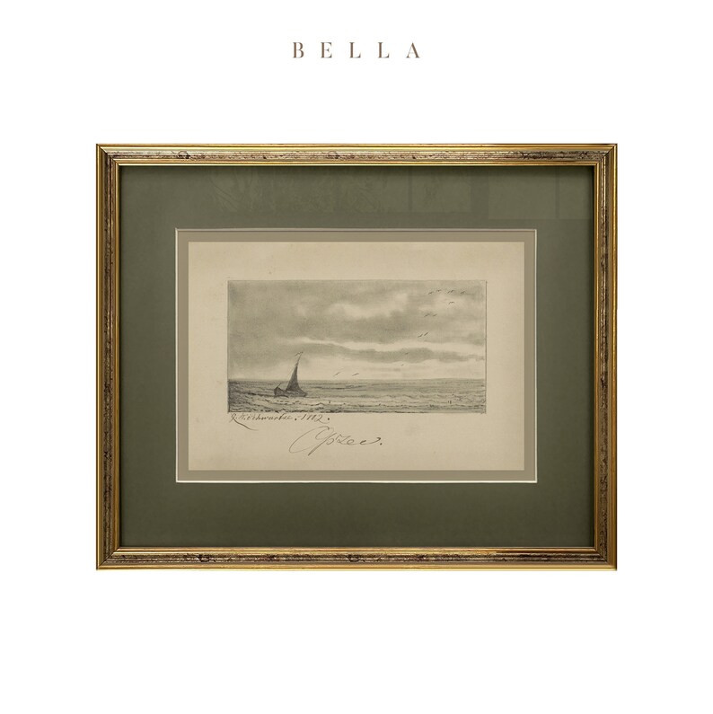 Seascape Framed Sketch Art, Vintage Framed Wall Art, Sage Green Matted, Antique Sailboat Drawing,... | Etsy (US)