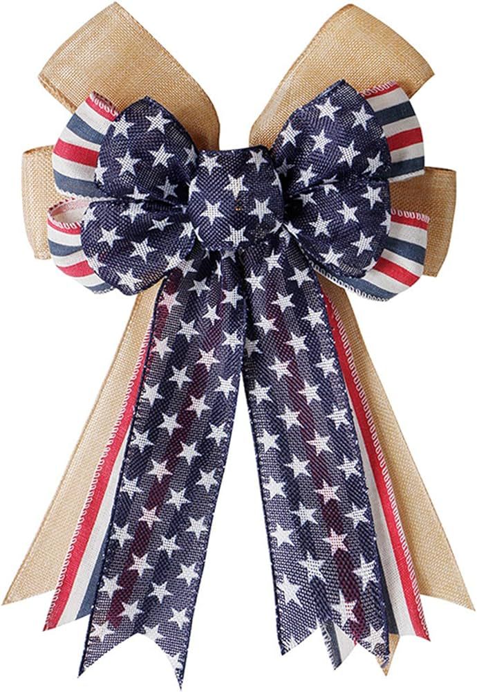 Patriotic Bow, Red White Blue Stars Burlap Bow Wreath Bow Holiday Bow for Memorial Day, 4th of Ju... | Amazon (US)