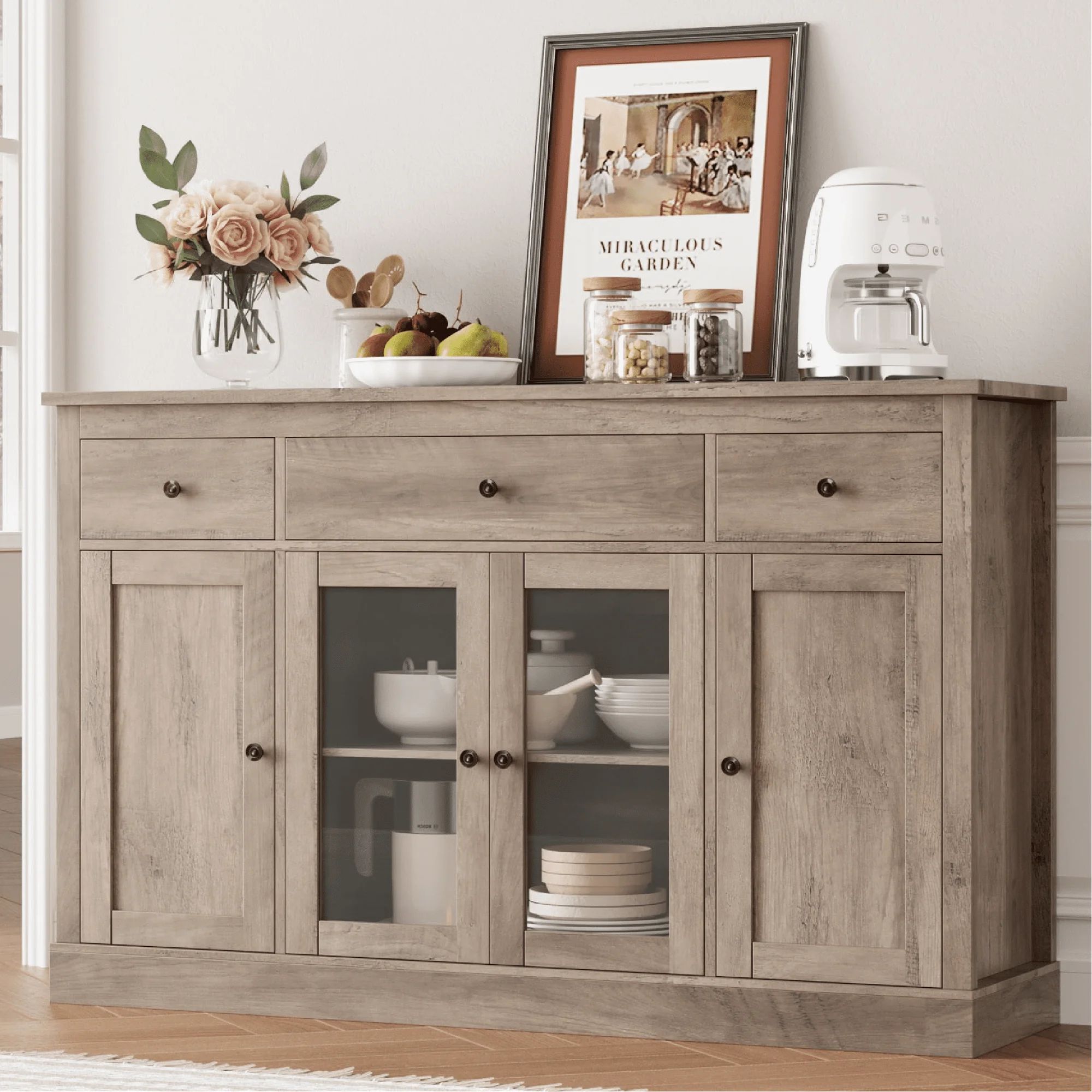 Homfa 55.1'' W Kitchen Buffet Cabinet with Adjustable Shelf, 3 Drawer Glass Door Wood Sideboard C... | Walmart (US)