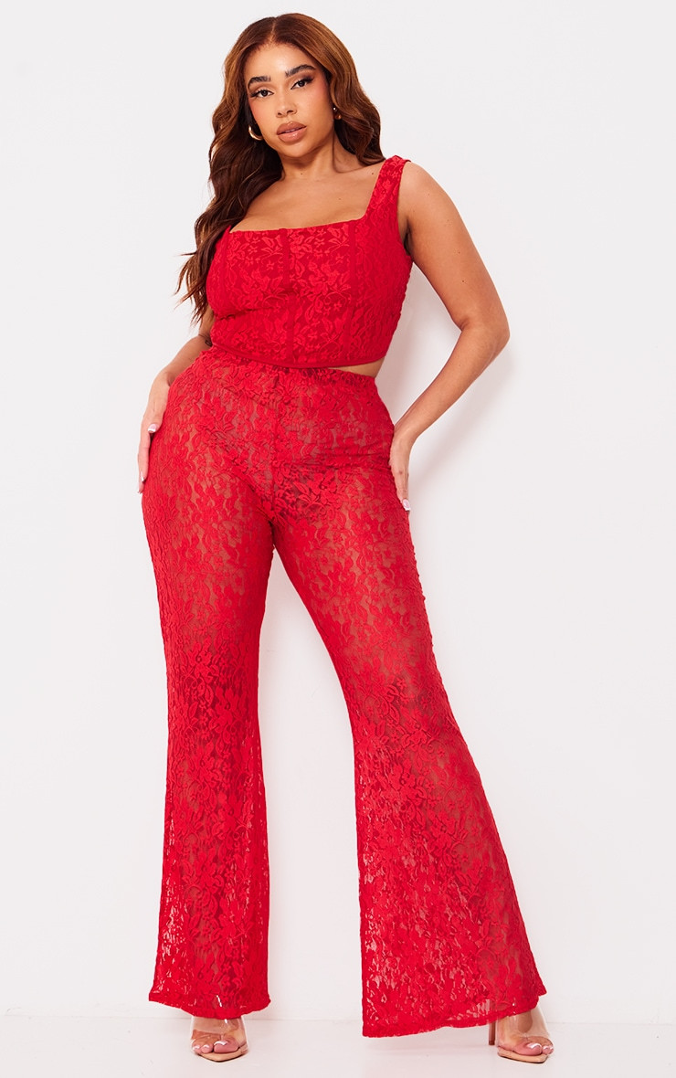 Plus Red Lace Flared Trouser | PrettyLittleThing UK