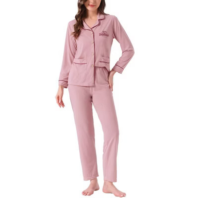 INSPIRE CHIC Women's Cotton Lounge Set Ribbed Button Up Long Sleeve Pattern Pajama Set Loungewear Pants with Pocket Small Pink | Target