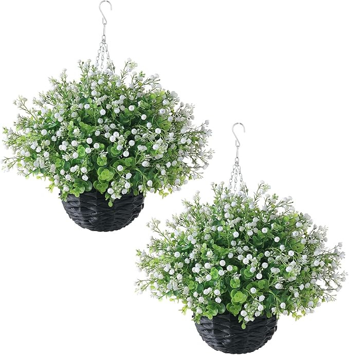 FOTEEWL Artificial Baby's Breath and Faux Eucalyptus Hanging Basket - 2 Set for Outdoor Decoratio... | Amazon (US)