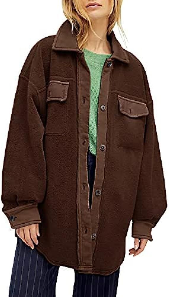 Womens Oversized Jackets Long Sleeve Button Down Shirt Shacket Casual Lapel Coats with Pockets | Amazon (US)