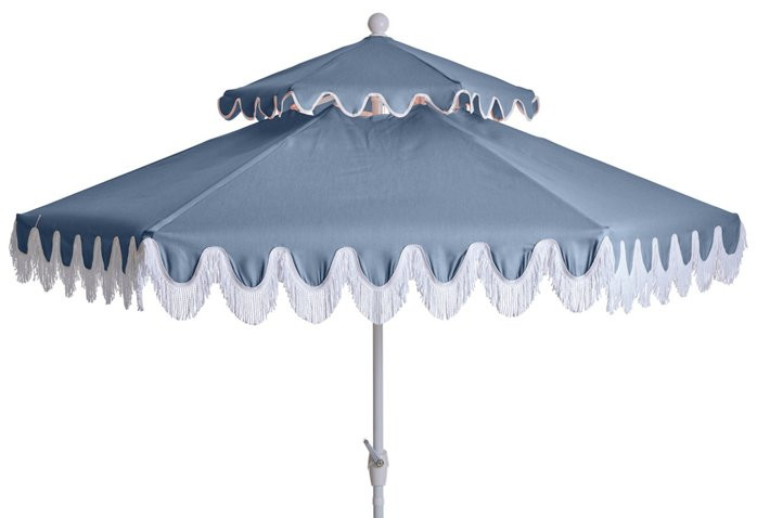 Daiana Two-Tier Fringe Patio Umbrella, Ocean Blue | One Kings Lane