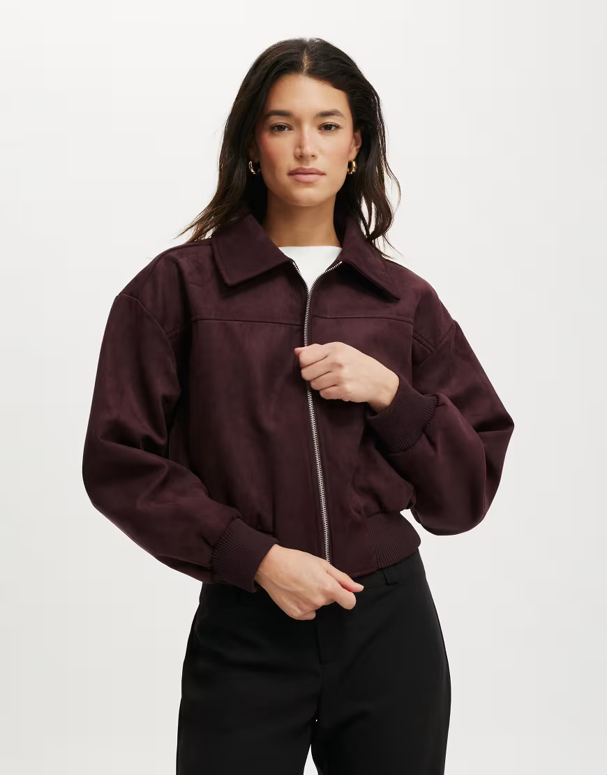 Cotton On Sophie faux suede bomber jacket in burgundy-Auburn | ASOS (Global)