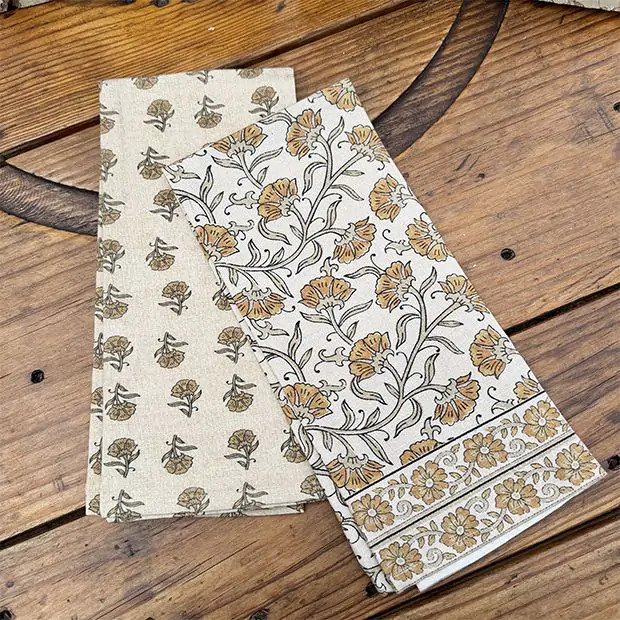 Flowing Florals Block Print Tea Towel Set of 2 | Antique Farm House