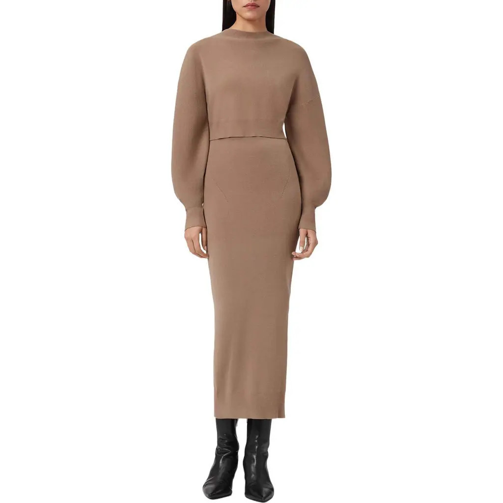 AllSaints Dina Blouson Sleeve Sweater & Knit Midi Dress Set in Pine Bark Brown at Nordstrom, Size Medium | Nordstrom