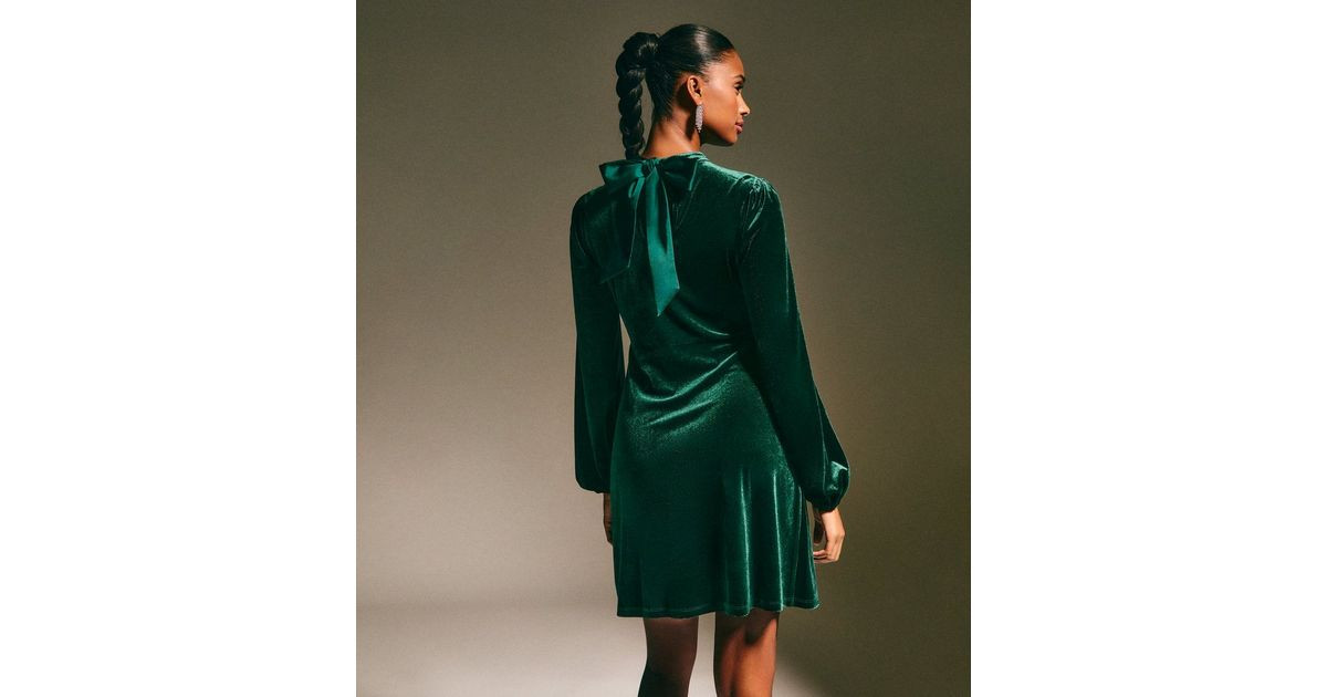 Dark Green Velvet High Neck Long Sleeve Mini Dress | New Look | New Look (UK)