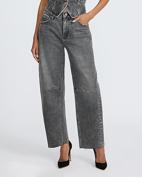 Mid Rise Washed Black Raw Hem Barrel Jeans | Express