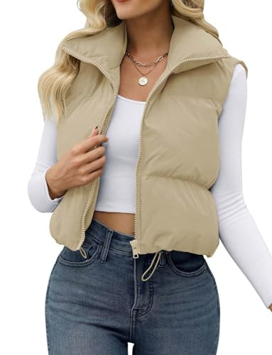 JZC Women's Zipper Stand Collar Cropped Puffer Vest Solid Color Padded Gilet Outerwear Khaki Small | Amazon (US)