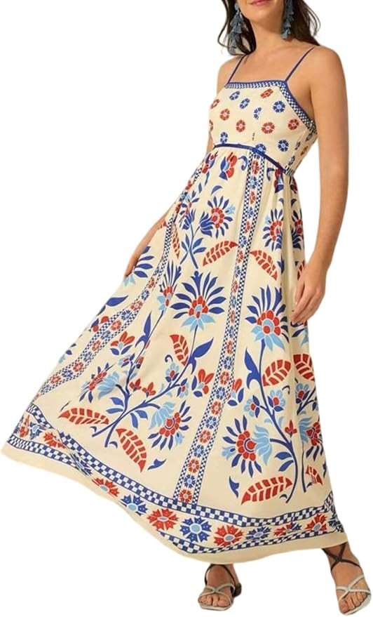 yoeasy Womens 2025 Summer Floral Maxi Dress Sleeveless Spaghetti Strap Printed Smocked Boho Beach... | Amazon (US)