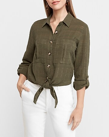Textured Tie Front Button Utility Shirt | Express