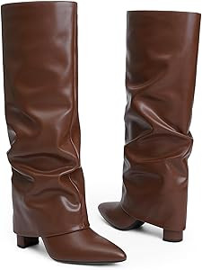 Modatope Knee High Boots Women Fold Over Knee High Boots Chunky High Heels Long Boots Zipper Poin... | Amazon (US)