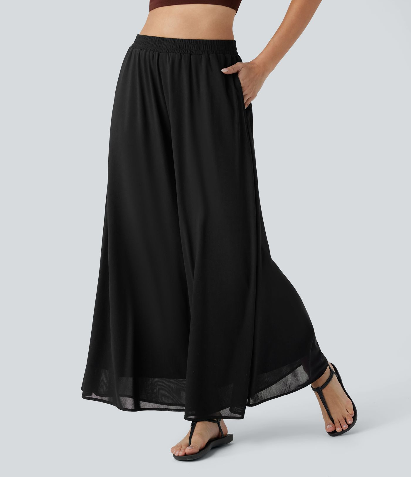 Women’s High Waisted Pocket Mesh Overlay Wide Leg Casual Pants - Halara | HALARA