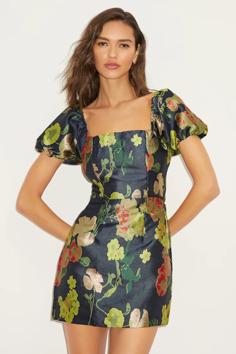 So Stunning Navy Blue Floral Jacquard Puff Sleeve Mini Dress | Lulus
