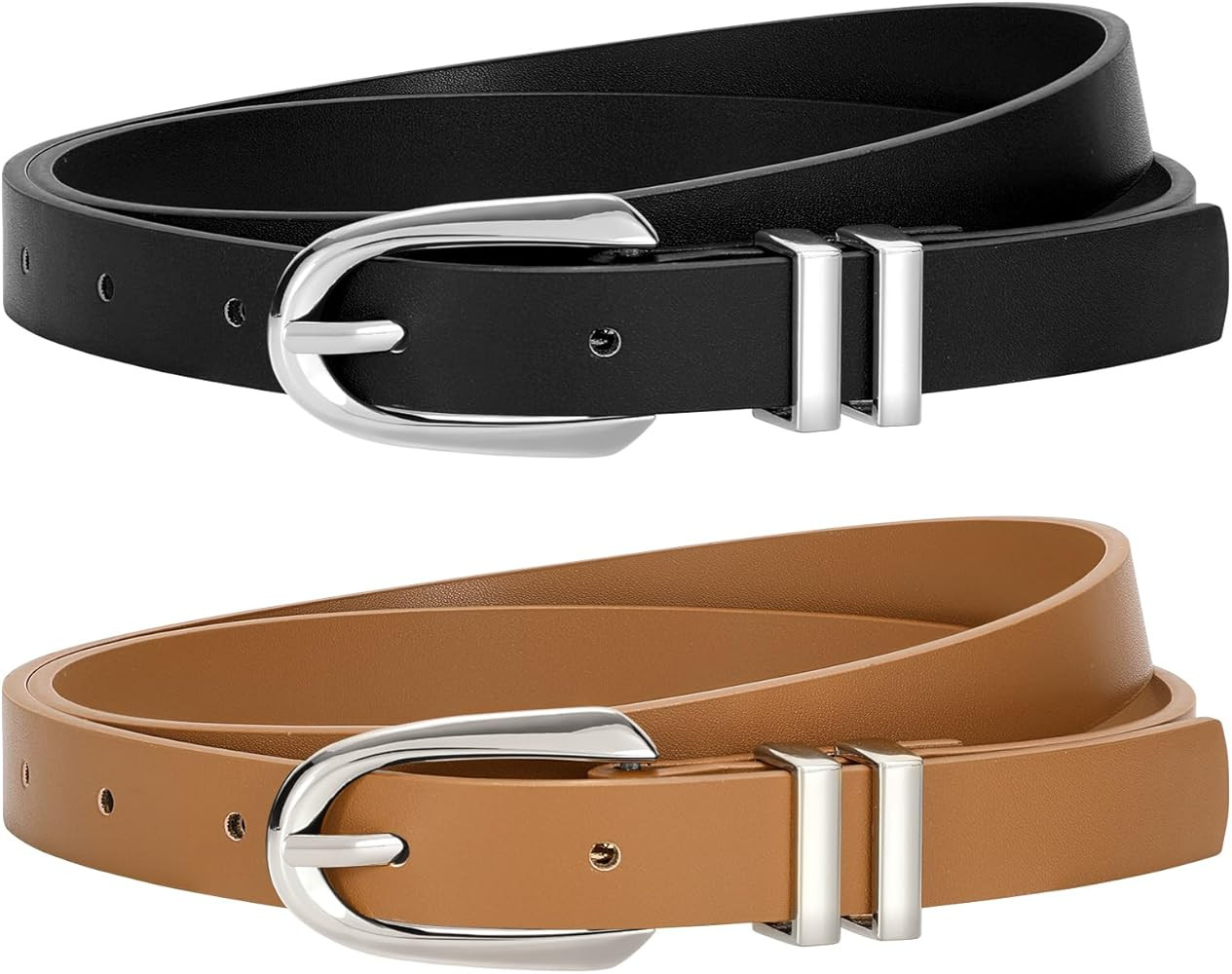 JASGOOD 2 Pack Women Skinny PU Leather Belt Ladies Thin Leather Plus Size Waist Belt for Jeans Dr... | Amazon (US)