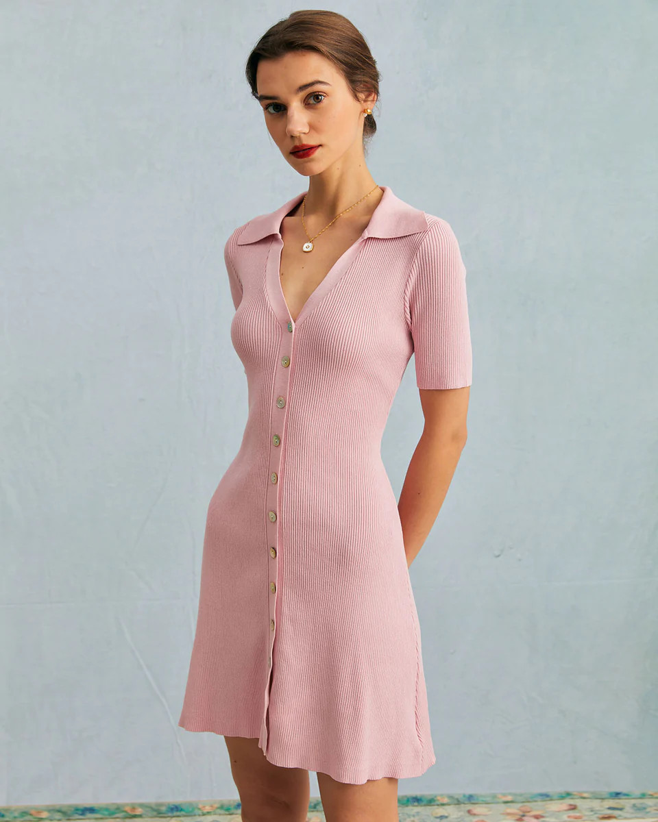The Pink V-Neck Knit Ribbed Mini Dress & Reviews - Pink - Dresses | RIHOAS | rihoas.com