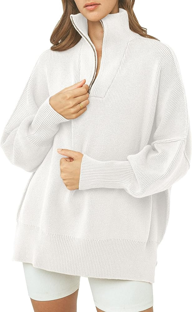 PRETTYGARDEN Women's Fall Pullover Oversized Sweaters Casual Long Sleeve Zip Up Lapel V Neck Knit... | Amazon (US)