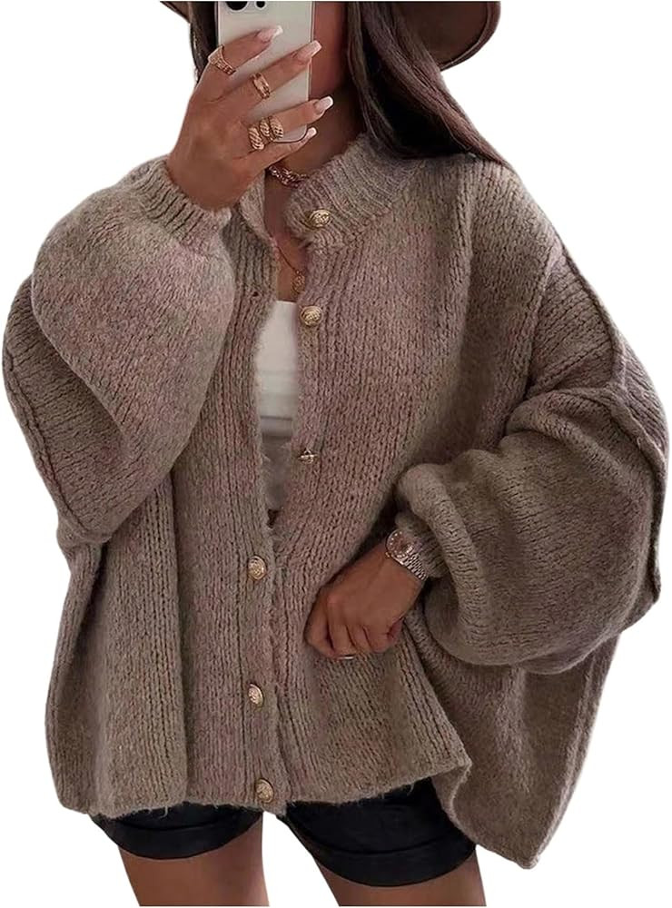 SweatyRocks Women's Oversized Cardigan Sweater Button Down Lantern Sleeve Cozy Sweater Jacket Coa... | Amazon (US)