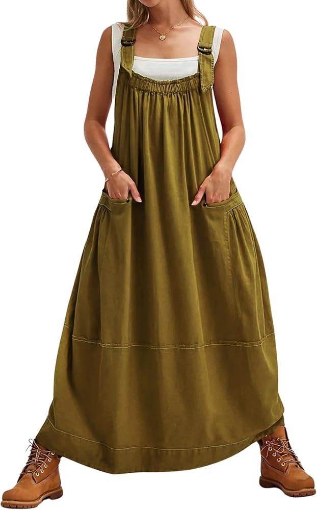 Yeokou Womens Overall Dress Cotton Barrel Midi Travel Dress Loose Fit Adjustable Straps Big Pocke... | Amazon (US)