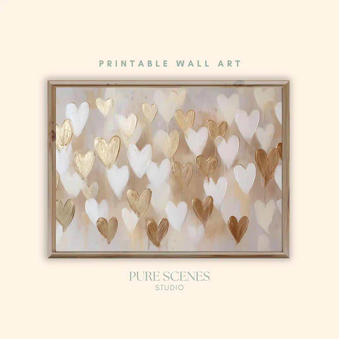 Valentines Day Gold and White Hearts Printable Wall Art Abstract Oil Painting Neutral Romantic Se... | Etsy (US)