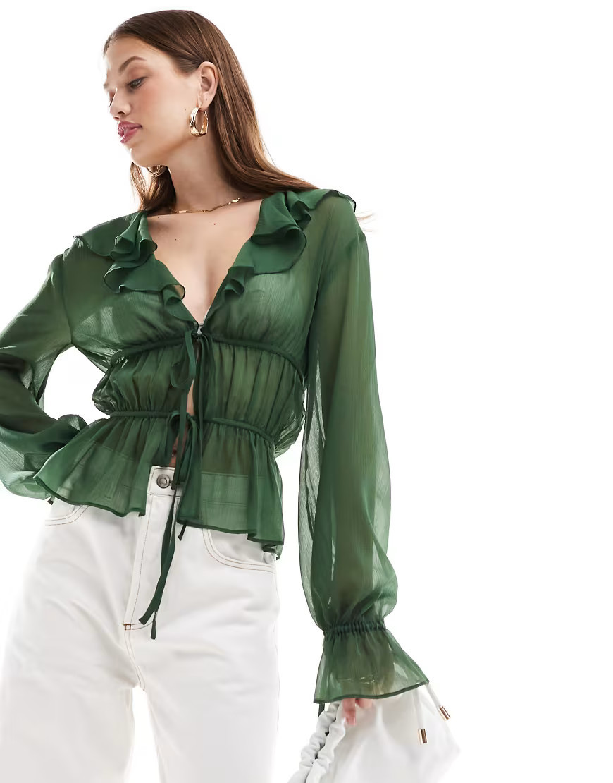 ASOS DESIGN sheer ruffle chiffon blouse with tie front in green | ASOS (Global)