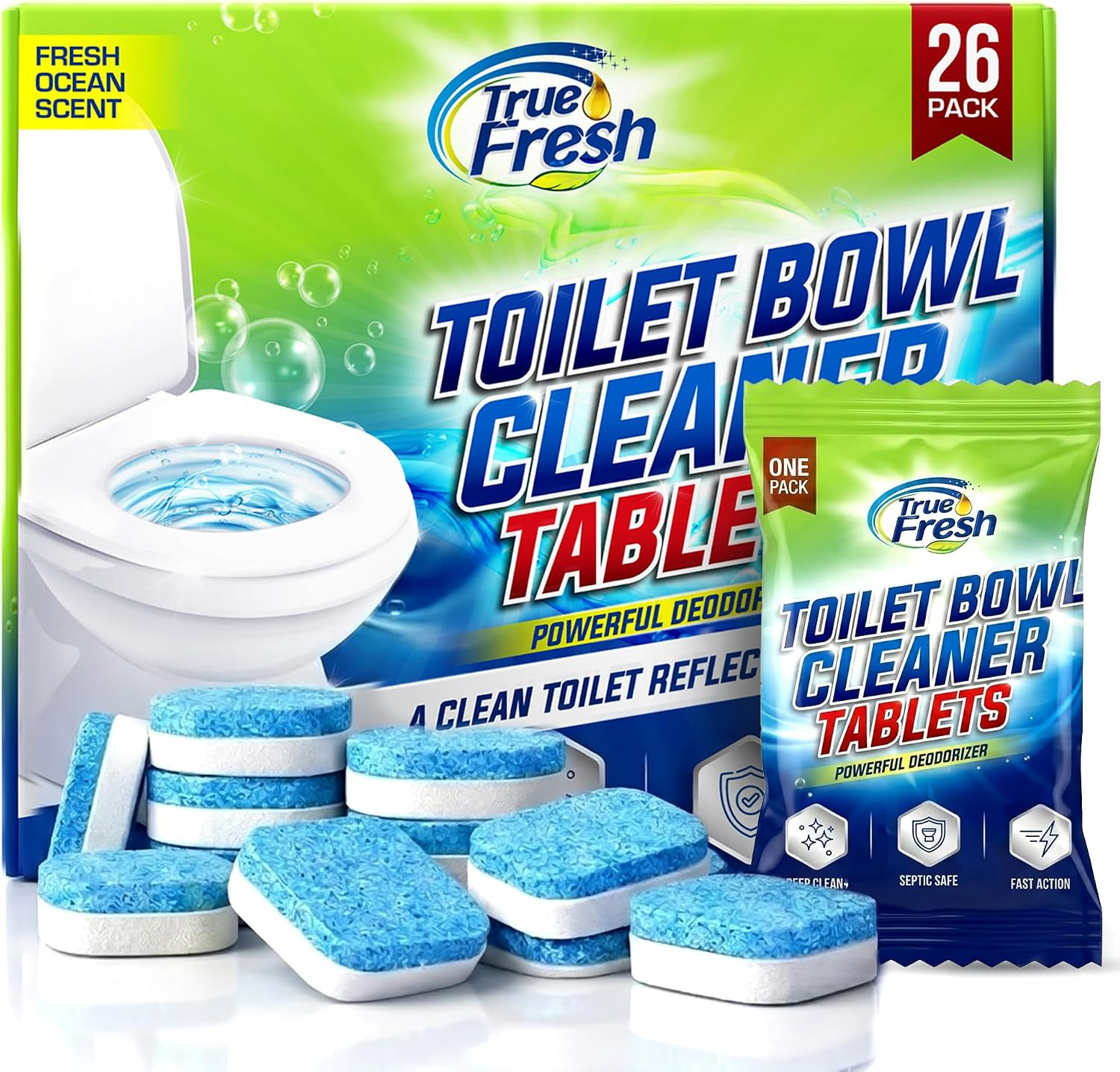 True Fresh Toilet Bowl Cleaner Tablets 26 Pack – Deodorizer & Septic Safe – Deep Cleaning, Odor Eliminator, Stain Remover for Long-Lasting Freshness – Fresh Ocean Scent | Amazon (US)