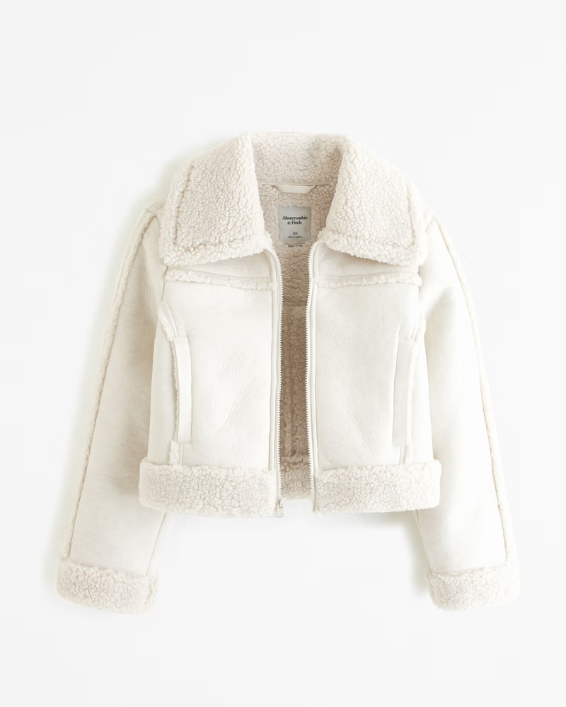 Women's Cropped Vegan Suede Shearling Jacket | Women's Coats & Jackets | Abercrombie.com | Abercrombie & Fitch (US)