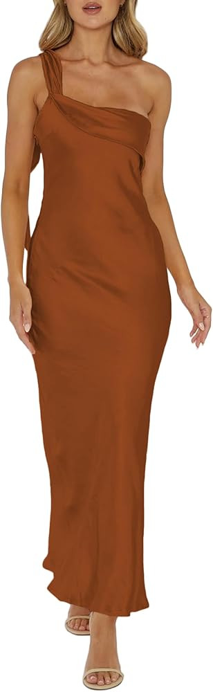 2026 Satin One Shoulder Maxi Dress for Women Summer Silk Formal Elegant Backless Ruffle Sleeveles... | Amazon (US)