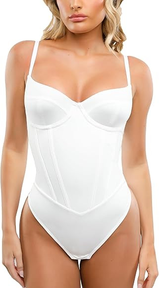Popilush Corset Bodysuit Built in Bra - V Neck Bodysuits for Women Tummy Control Thong Shapewear ... | Amazon (US)