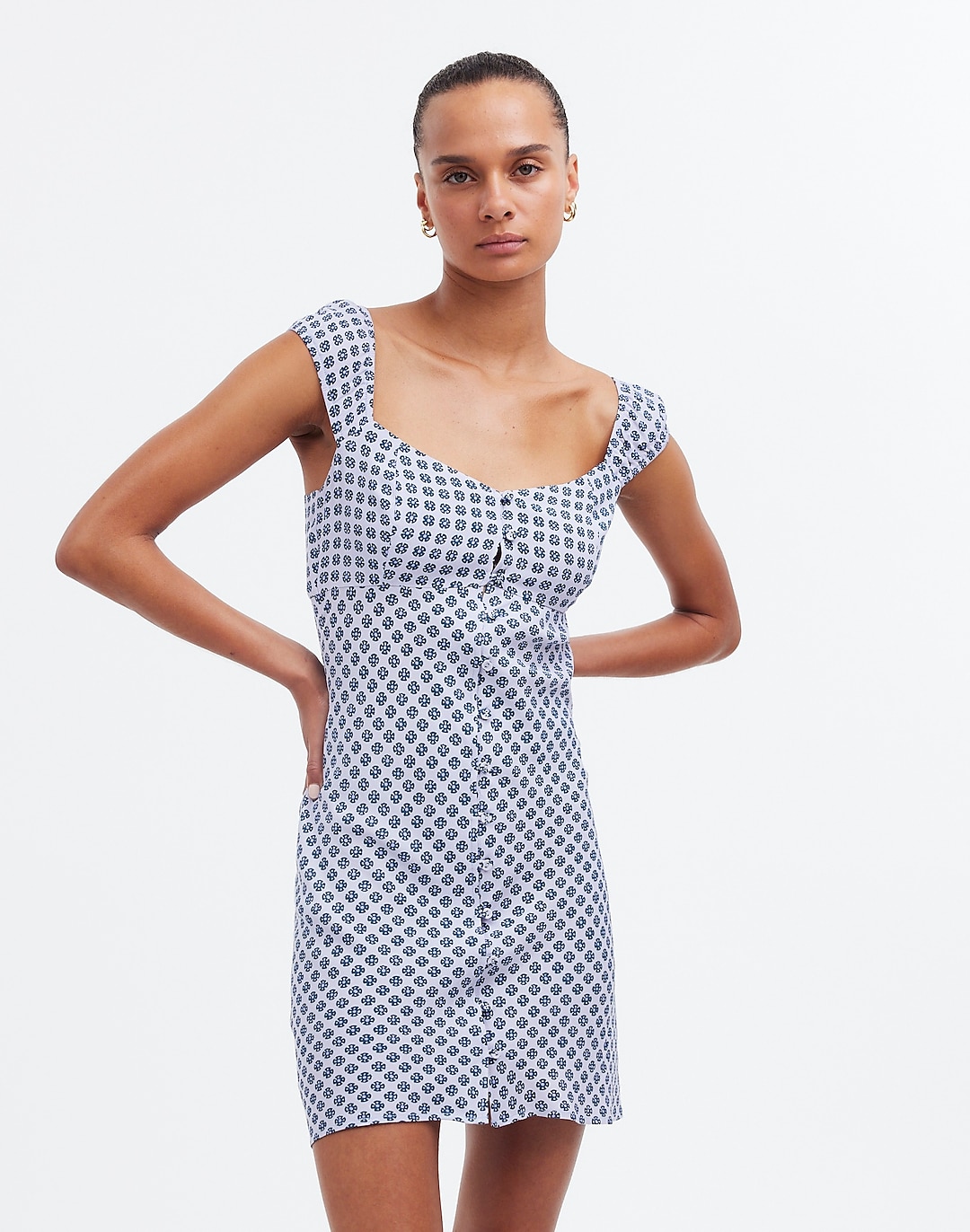 Cap-Sleeve Button-Front Mini Dress in Geometric Print | Madewell