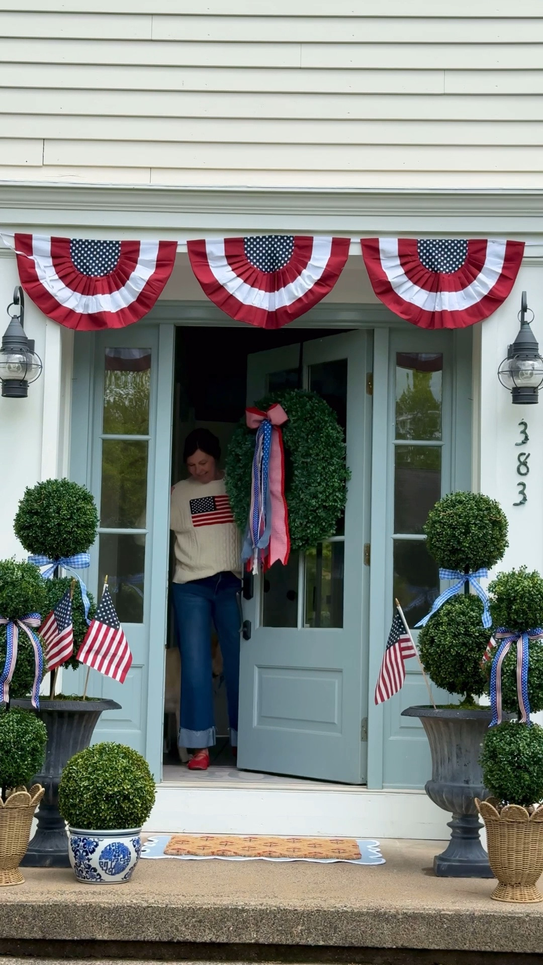 Patriotic Front Porch.  All topiaries and wreaths are Buy one get one 50% off!