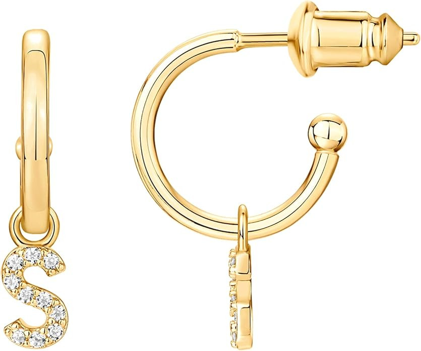 PAVOI 14K Gold Plated 925 Sterling Silver Post Huggie Earring with Initial Dangle - CZ Huggie Hoo... | Amazon (US)