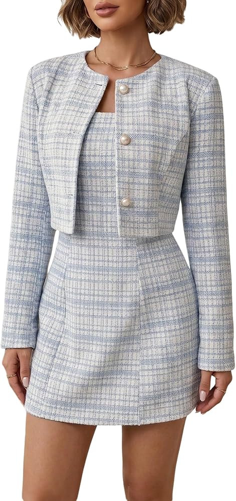 SOLY HUX Women's 2 Piece Plaid Long Sleeve Button Cropped Jacket Dress Set | Amazon (US)