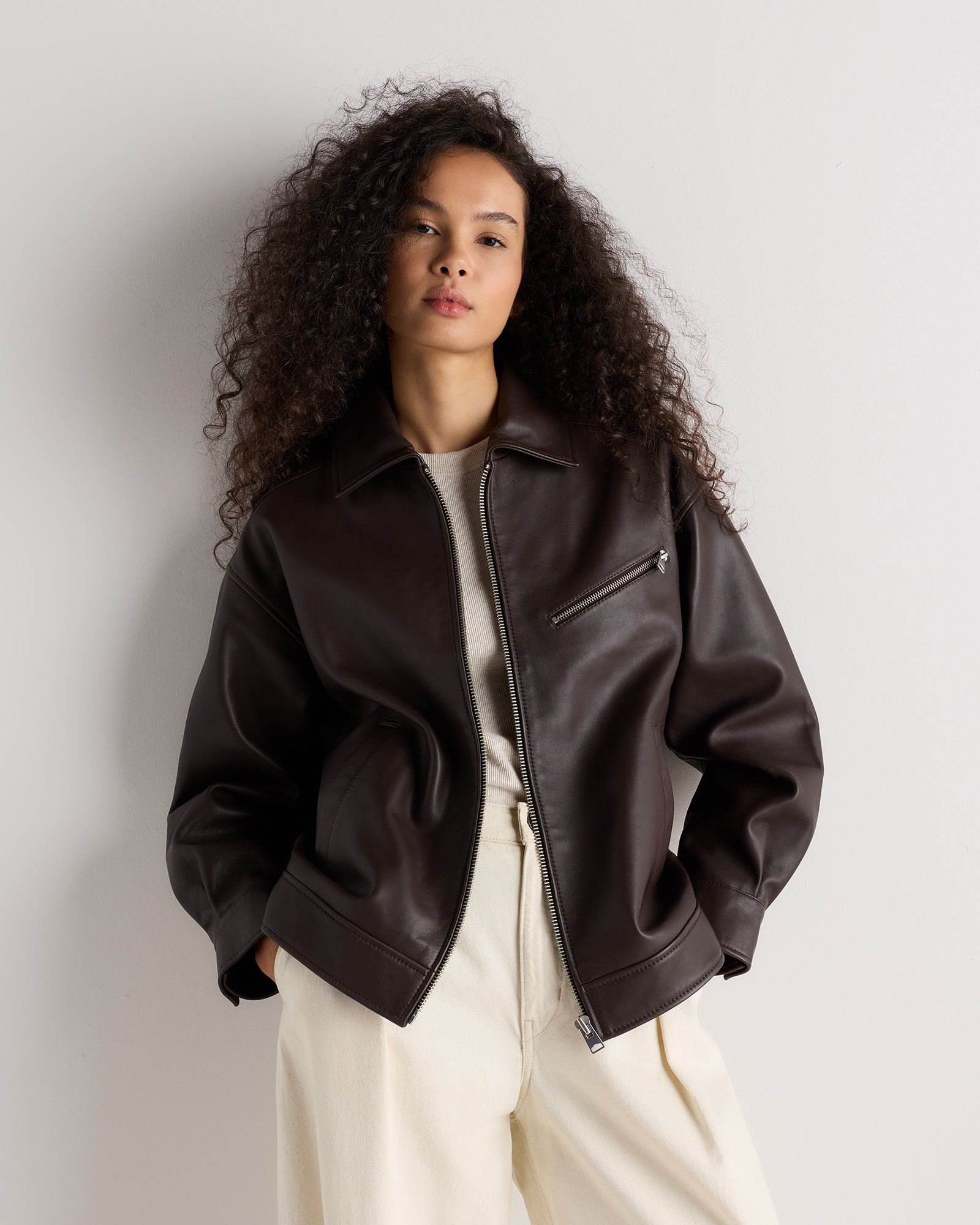 Quince | Women's Oversized Bomber Jacket in True Black, Size Medium, Leather | Quince
