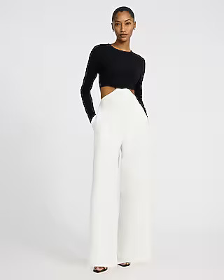 Color Block Crew Neck Long Sleeve Cutout Jumpsuit with Pockets | Express