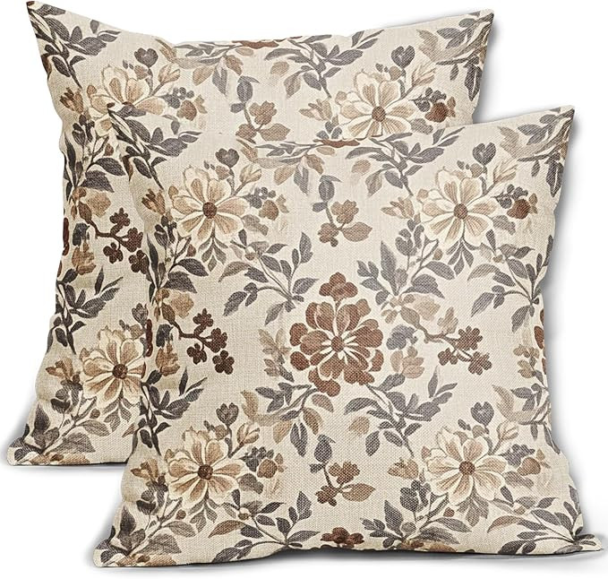 Amazon.com: Brown Vintage Floral Pillow Covers 18x18 Inch Set of 2, Grey Gray Antique Flower Bloc... | Amazon (US)