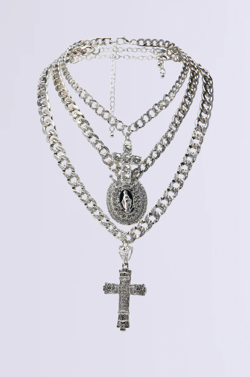 AKIRA Holy Woman Layered Rhinestone Necklace Set In Silver | AKIRA