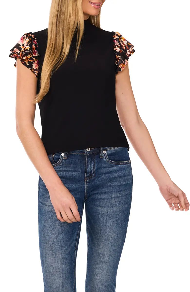 CeCe Floral Print Double Ruffle Mixed Media Top | Nordstrom | Nordstrom