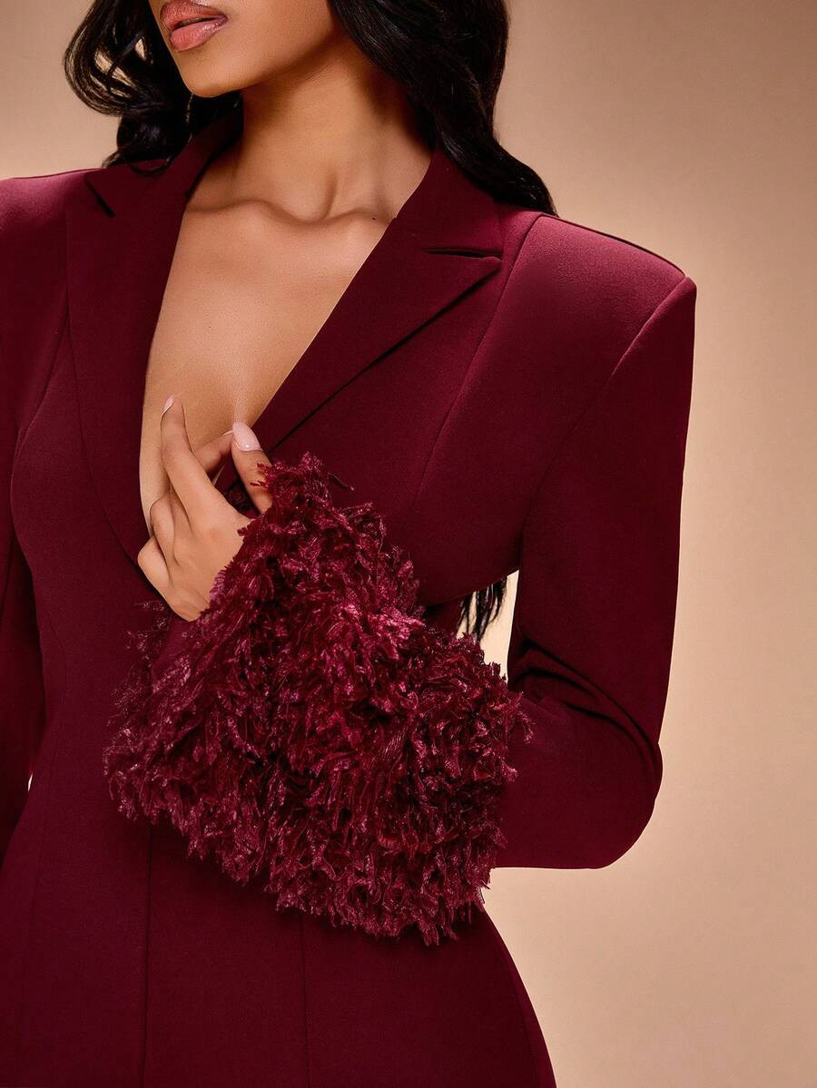 Radiana Burgundy Faux Fur Patchwork Deep V-Neck Blazer Dress For Women (With Shoulder Pads), Burg... | SHEIN