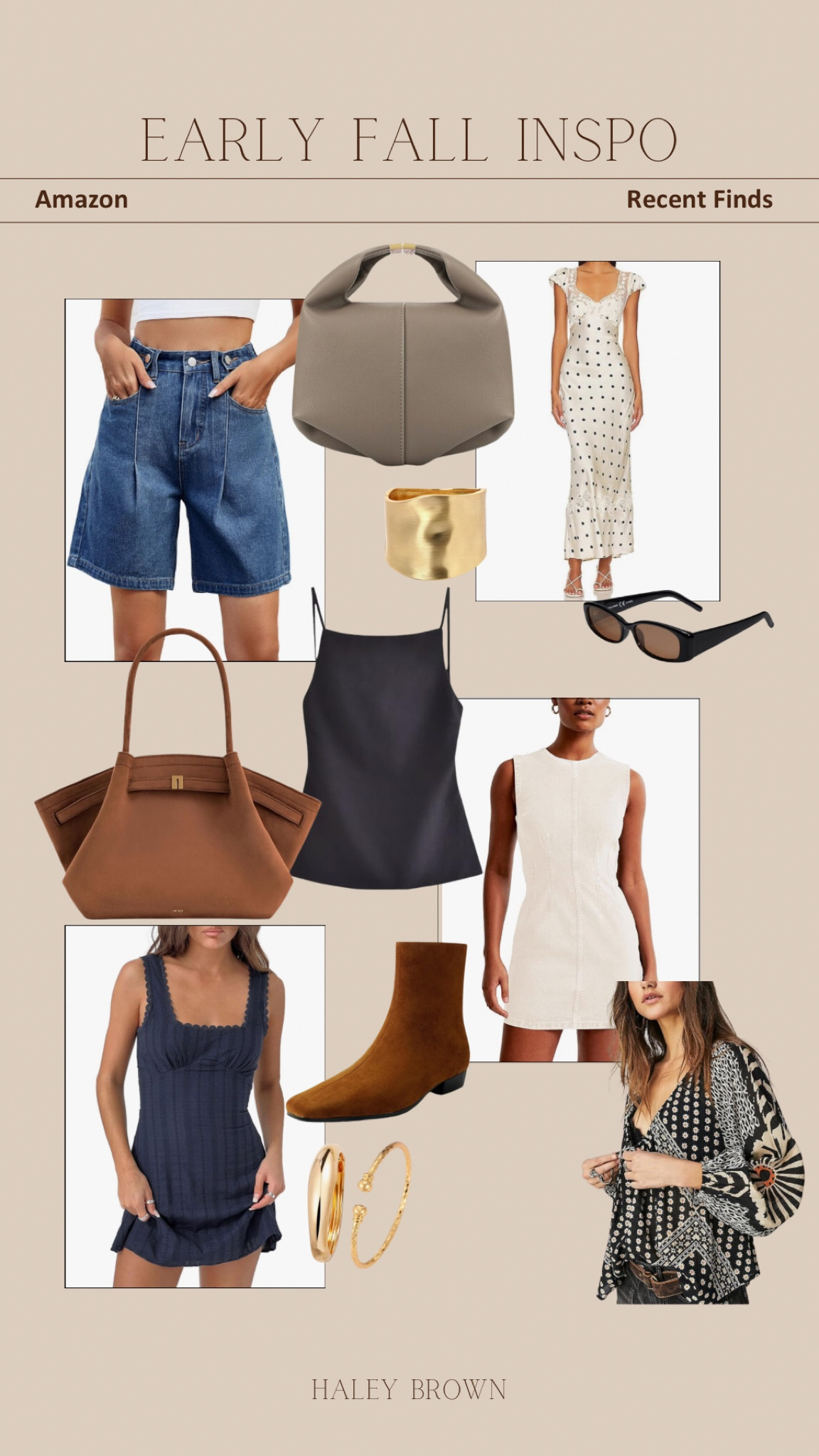 Early fall outfit inspo, early fall inspo, suede hand bag, fall hand bag, polene bag, fall dress, fall top, peplum top, free people top, fall wedding guest dress, mid calf short, fall jean shorts, black top, old money top, Amazon finds, Amazon fall outift, denim mini dress, gold bangle, fall boots, neutral outfit, fall sunglasses 

#LTKSeasonal #LTKItBag #LTKShoeCrush