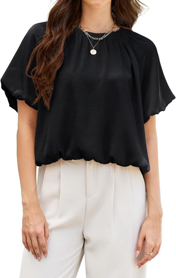 SCOFEEL Women's Summer Bubble Crop Top Puff Sleeve Crew Neck Satin Blouse with Elastic Hem Loose ... | Amazon (US)