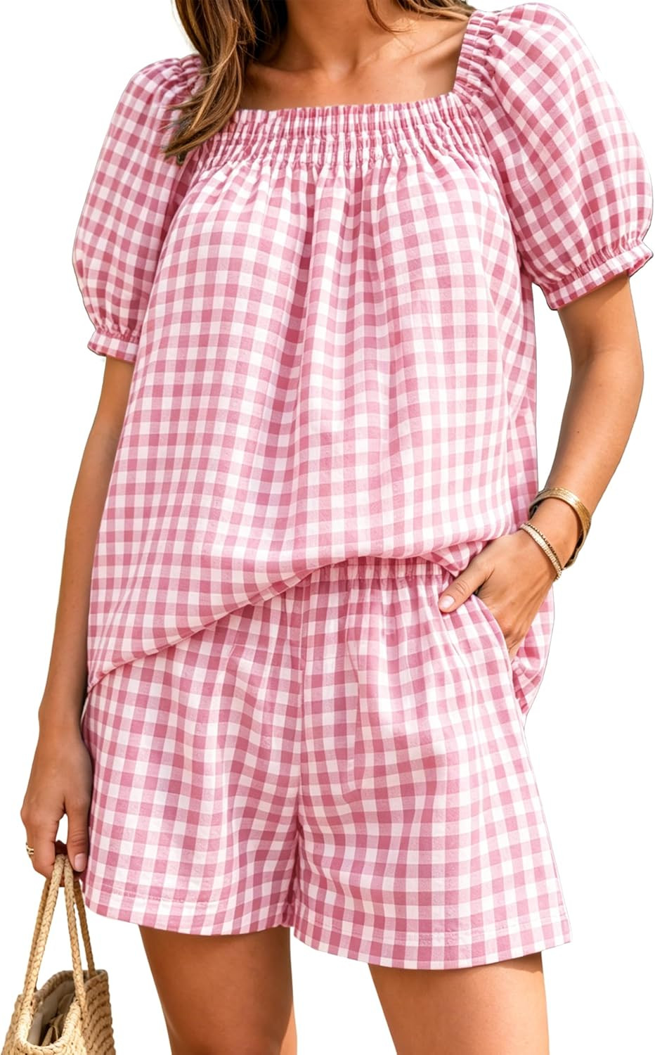 Women Plaid 2 Piece Summer Casual Puff Sleeve Smocked Babydoll Shirt Wide Leg Shorts Matching Lounge Sets | Amazon (US)