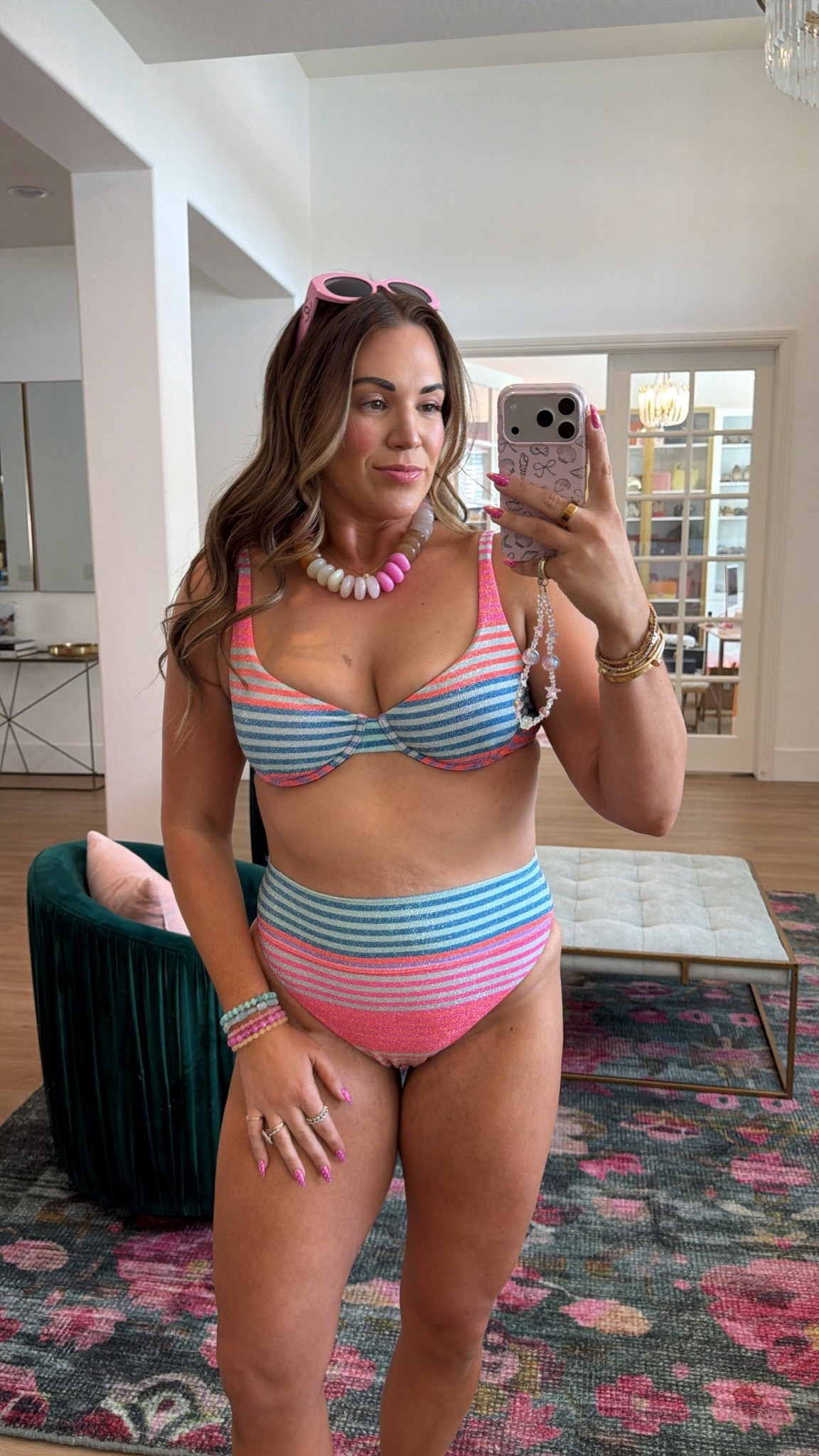 curvy midsize rainbow colorful bikini look! wearing size large in bikini top, bottoms, and skirt. material is sparkly! 🌈✨

#LTKSeasonal #LTKMidsize #LTKSwim